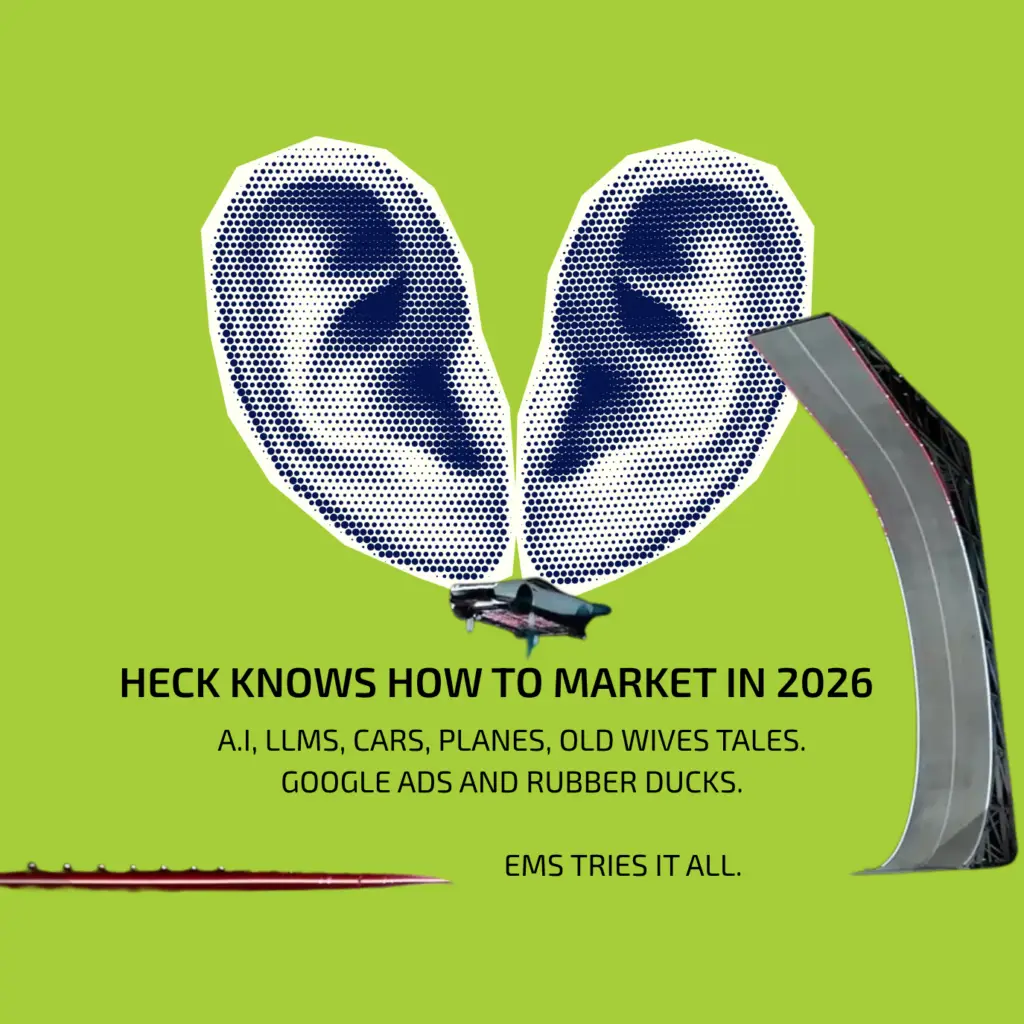 A collage of ears, Elon Musk's 'flying' tesla vehicle and Express Marketing Solutions.